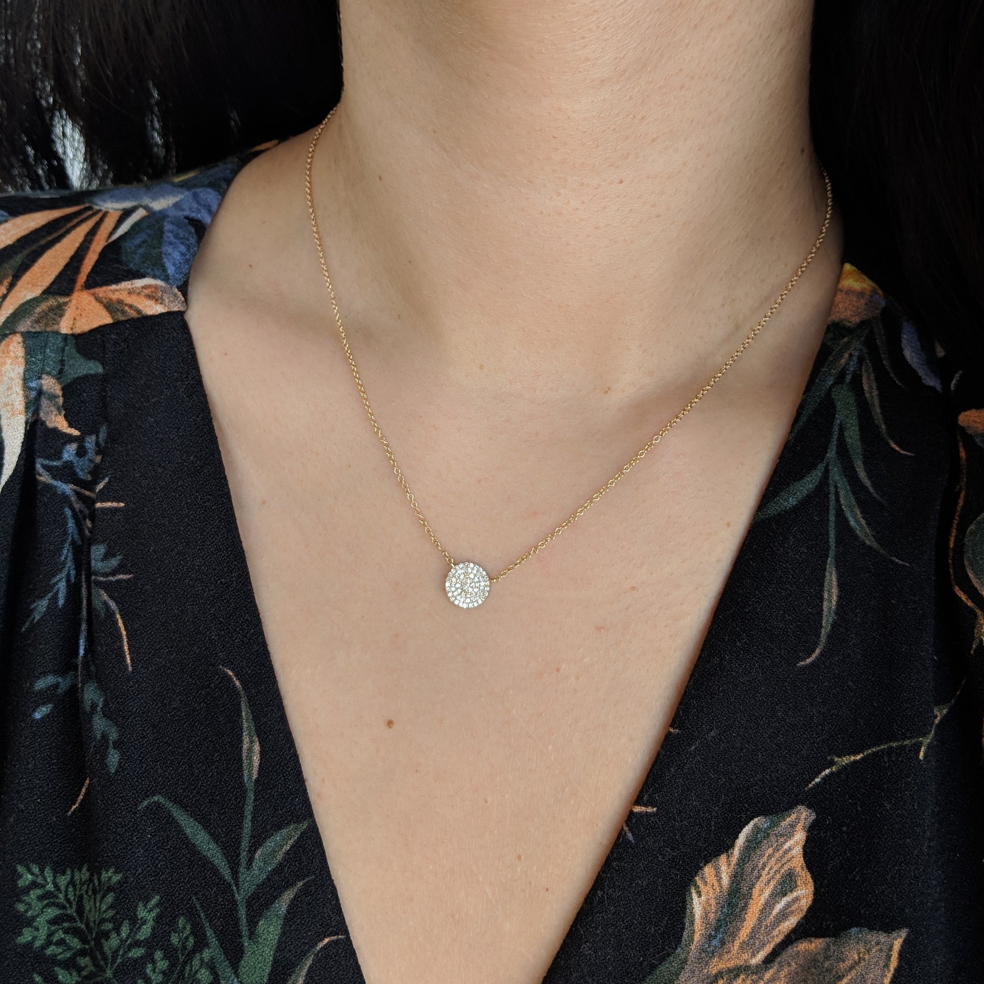 Diamond Pave Circle Disk Necklace in 14k Gold