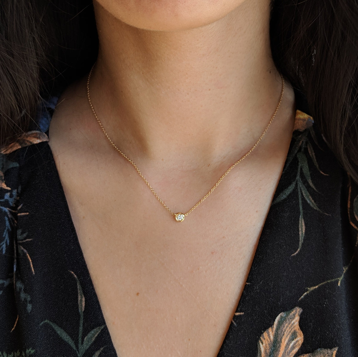 Diamond Solitaire Necklace in 14k Gold Lifestyle