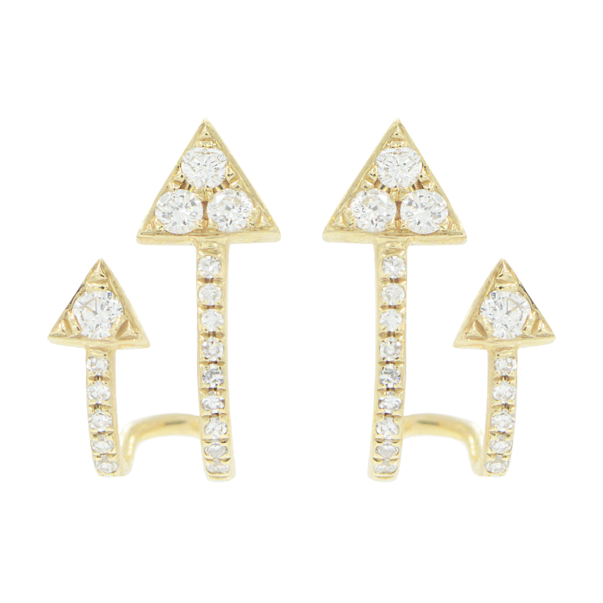 Double arrow huggie earrings with diamonds in 14k gold