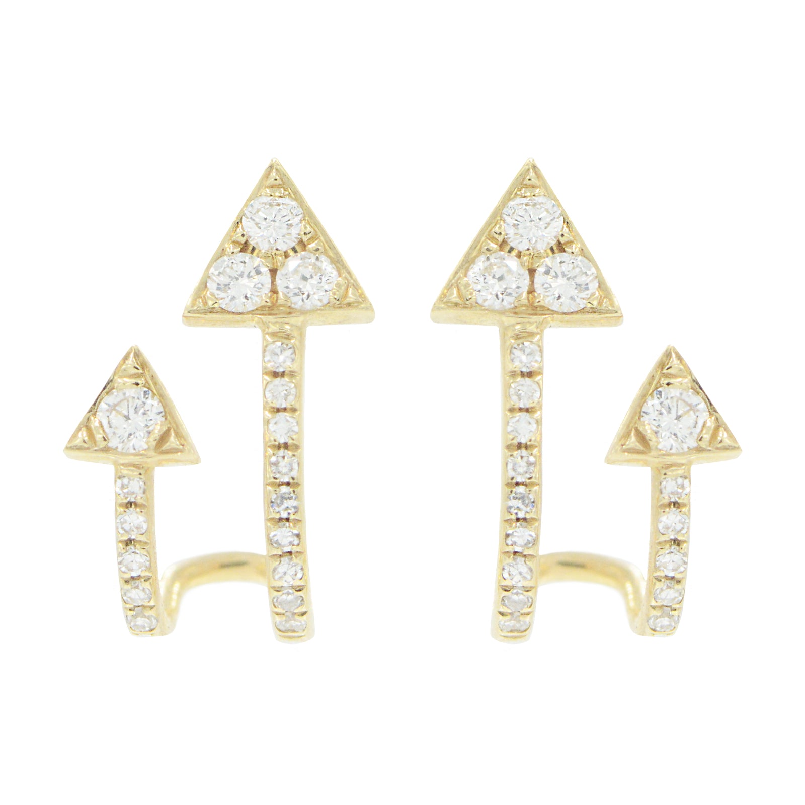 Double arrow huggie earrings with diamonds in 14k gold