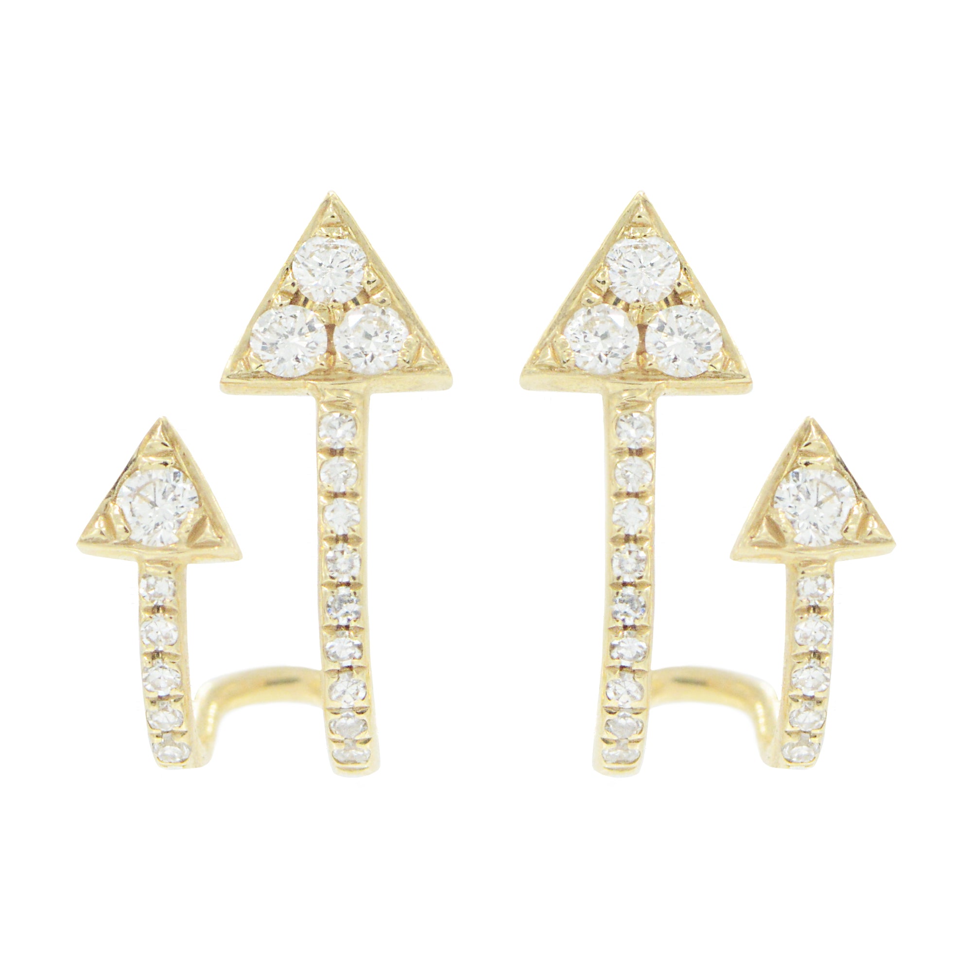 Double arrow huggie earrings with diamonds in 14k gold