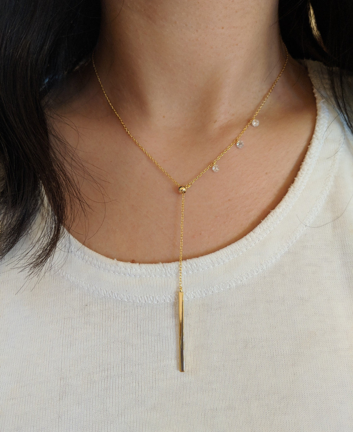 double slider lariat necklace with long bar in gold