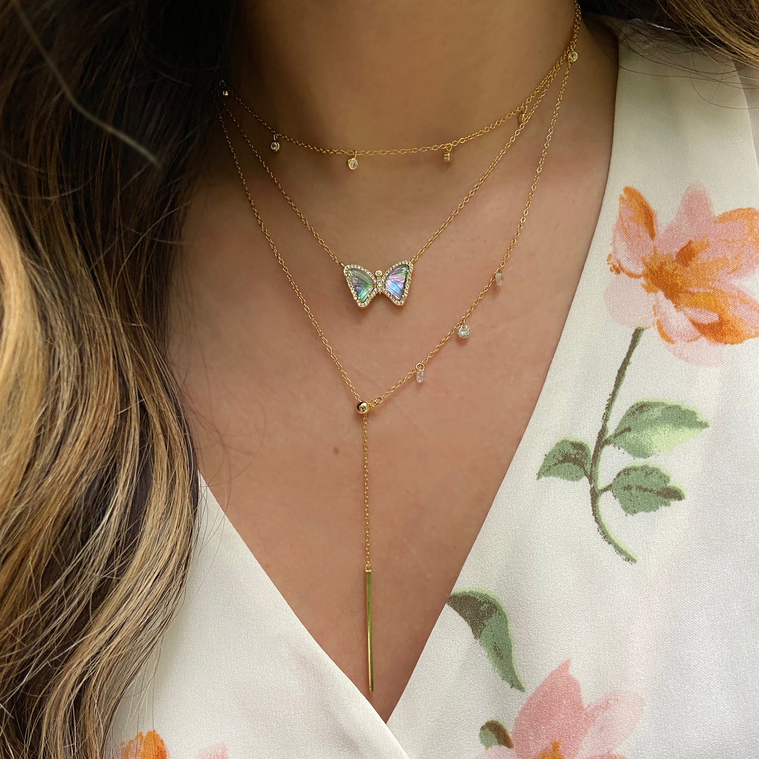 Double Slider lariat necklace with long bar in gold