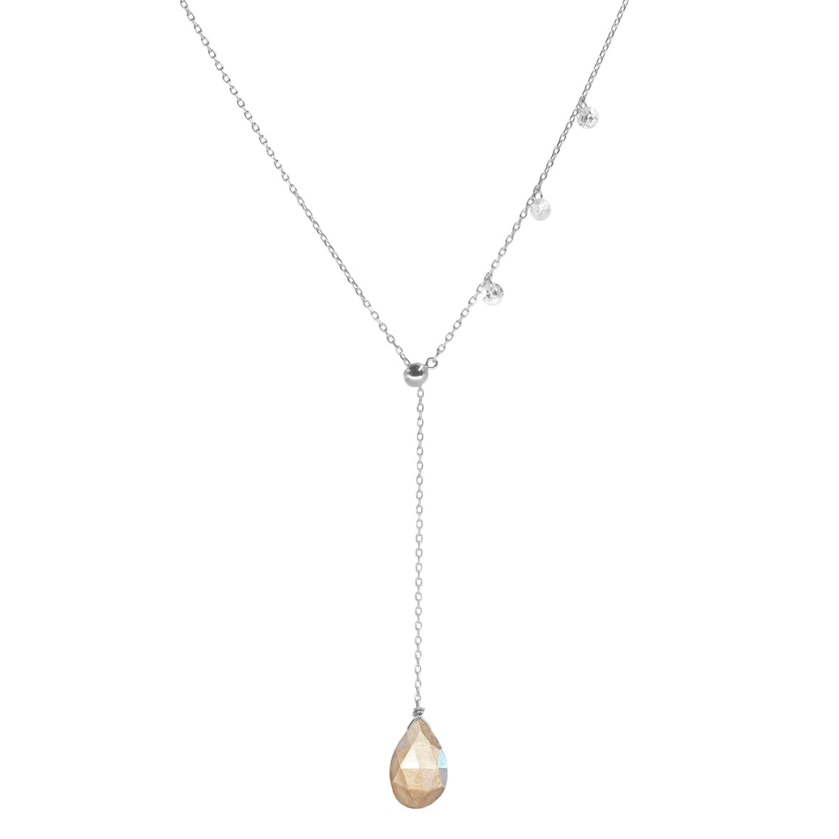 double slider lariat necklace mystic peach moonstone silver