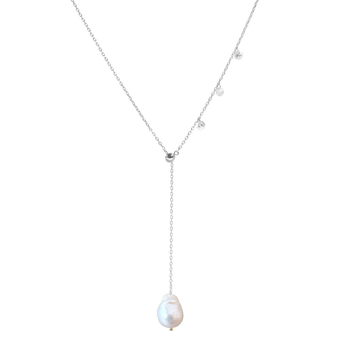 double slider lariat necklace white pearl silver