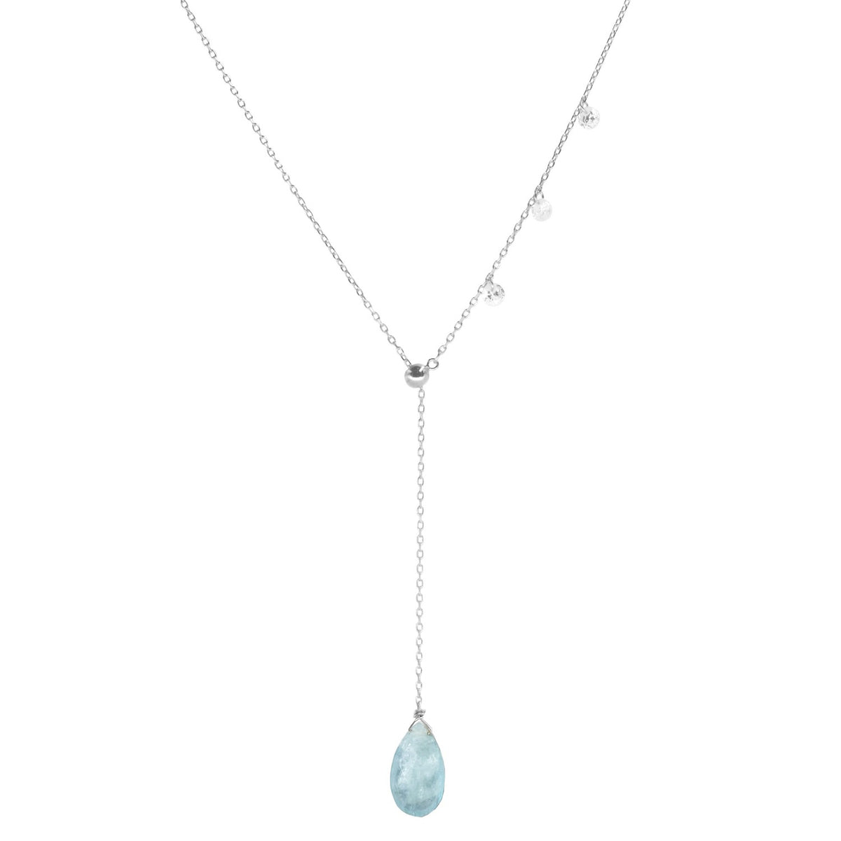 double slider lariat with aquamarine briolette drop
