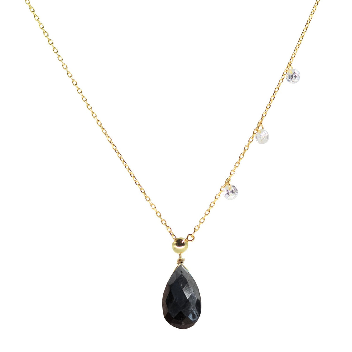 double slider lariat necklace with black spinel drop pendant