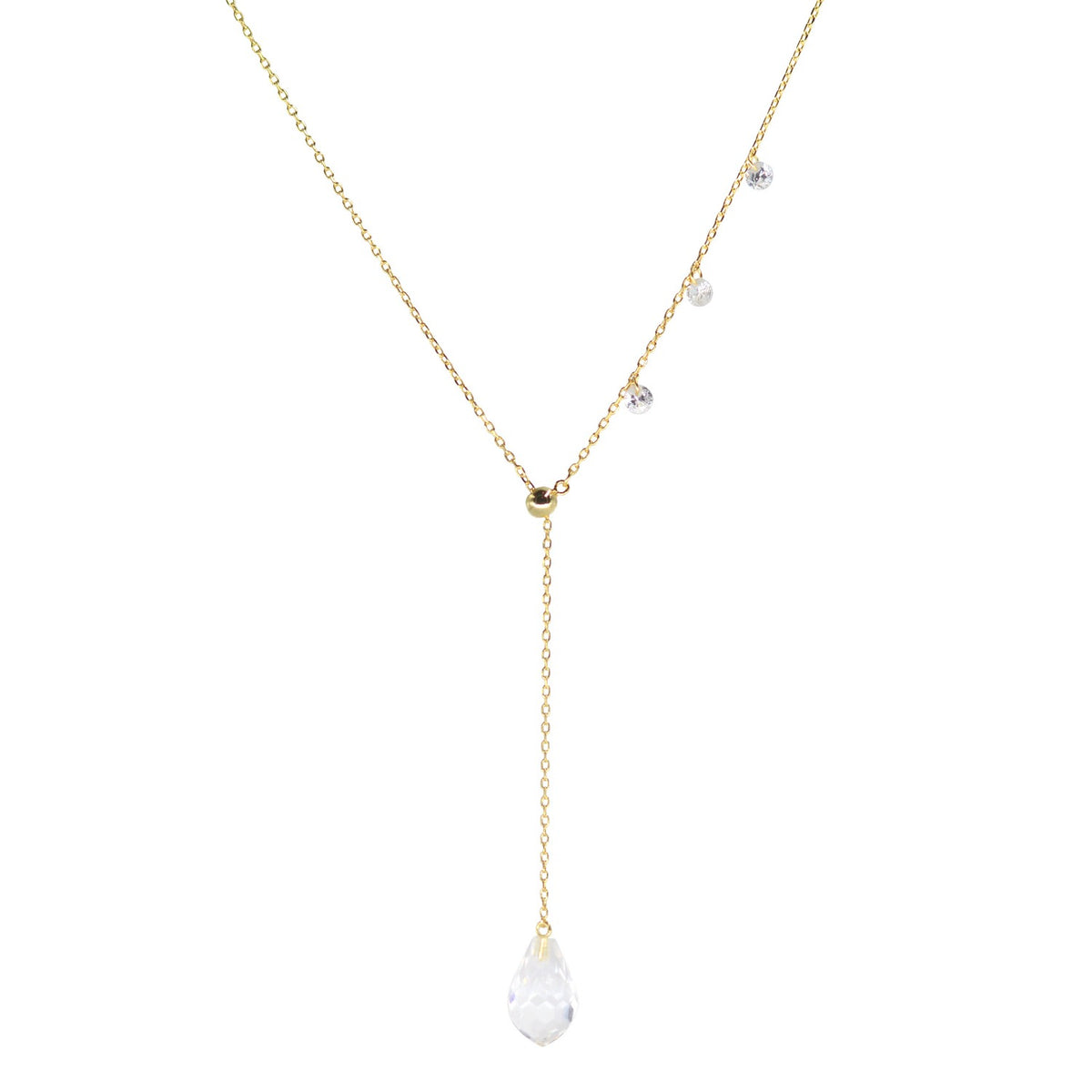 double slider lariat necklace with crystal drop in yellow gold