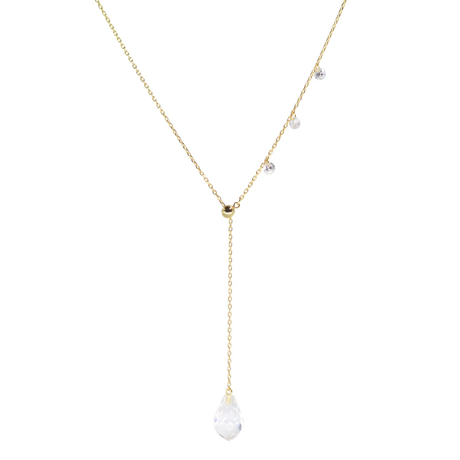 double slider lariat necklace with crystal drop in yellow gold