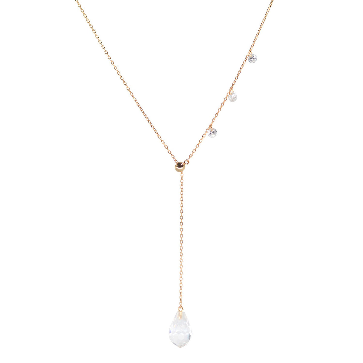 double slider lariat necklace with crystal drop in rose gold