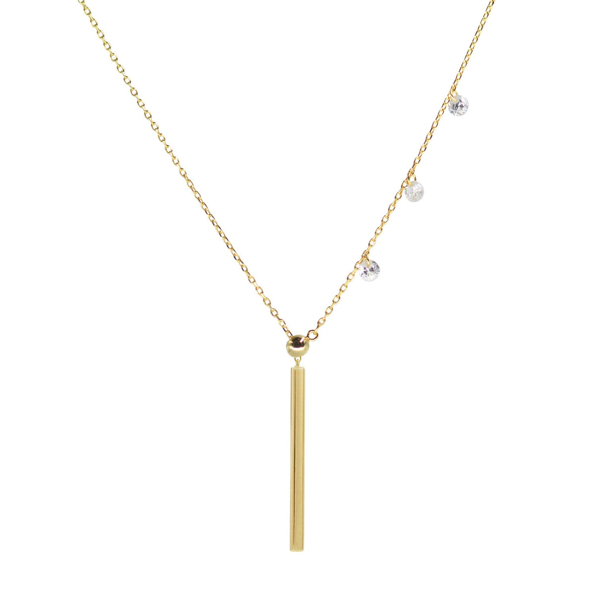 double slider lariat necklace with long bar in gold pendant