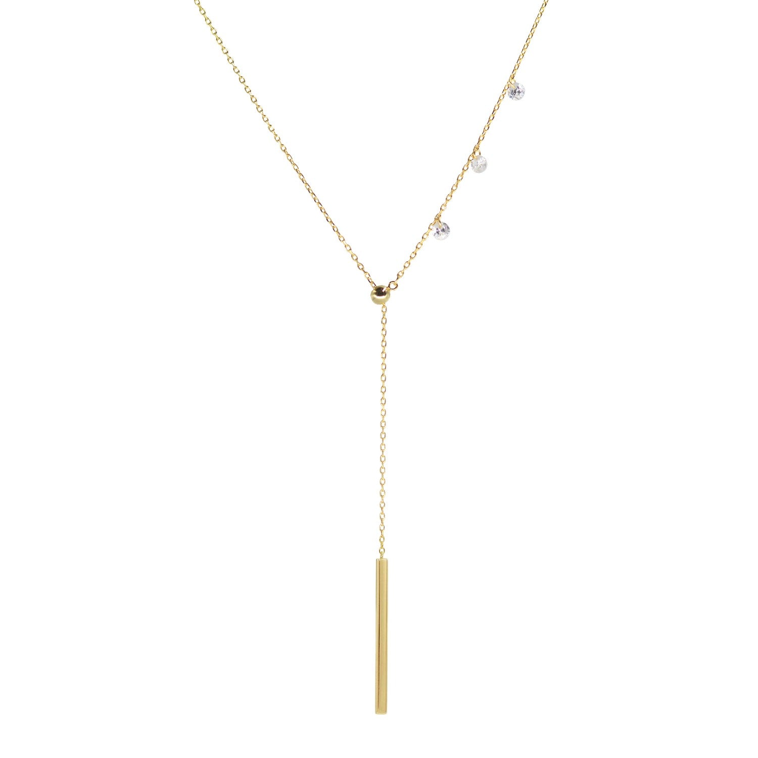 Double Slider lariat necklace with long bar in gold
