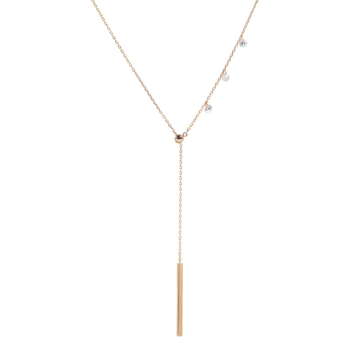 double slider lariat necklace with long bar in rose gold