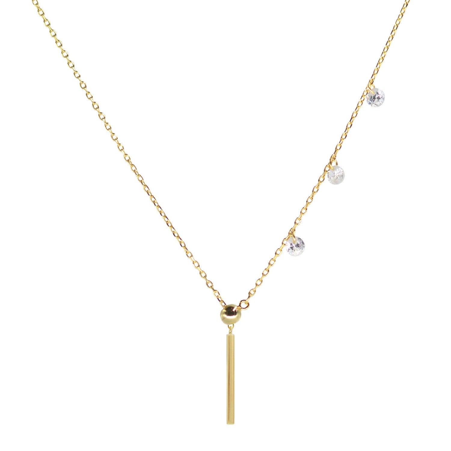 Double slider lariat necklace with mini bar in yellow gold
