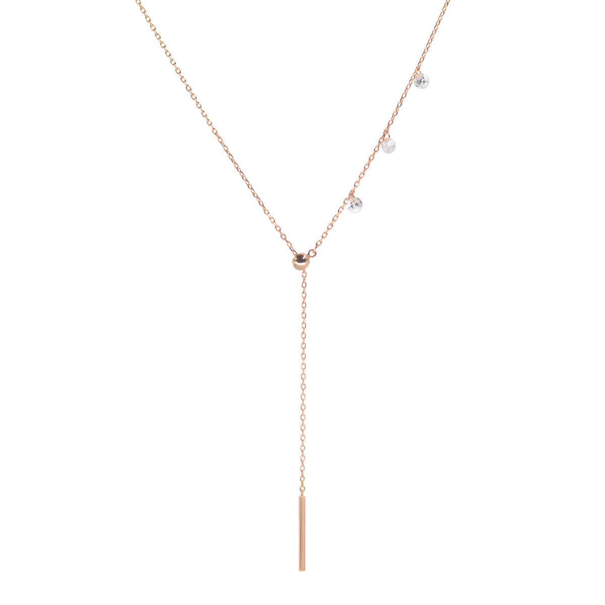 Double slider lariat necklace with mini bar in rose gold