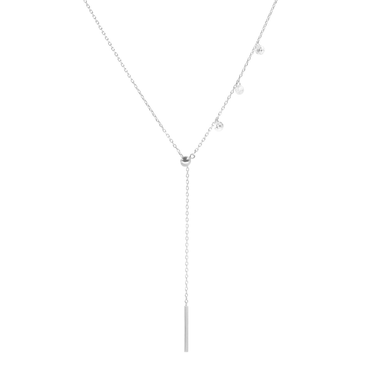 double slider lariat necklace with mini bar in silver