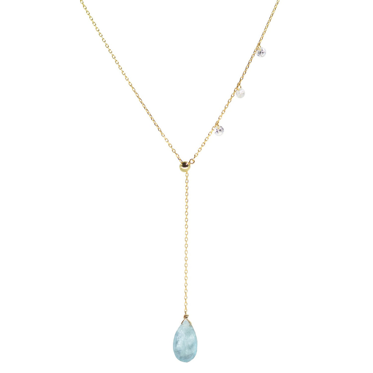 double slider lariat with aquamarine briolette drop