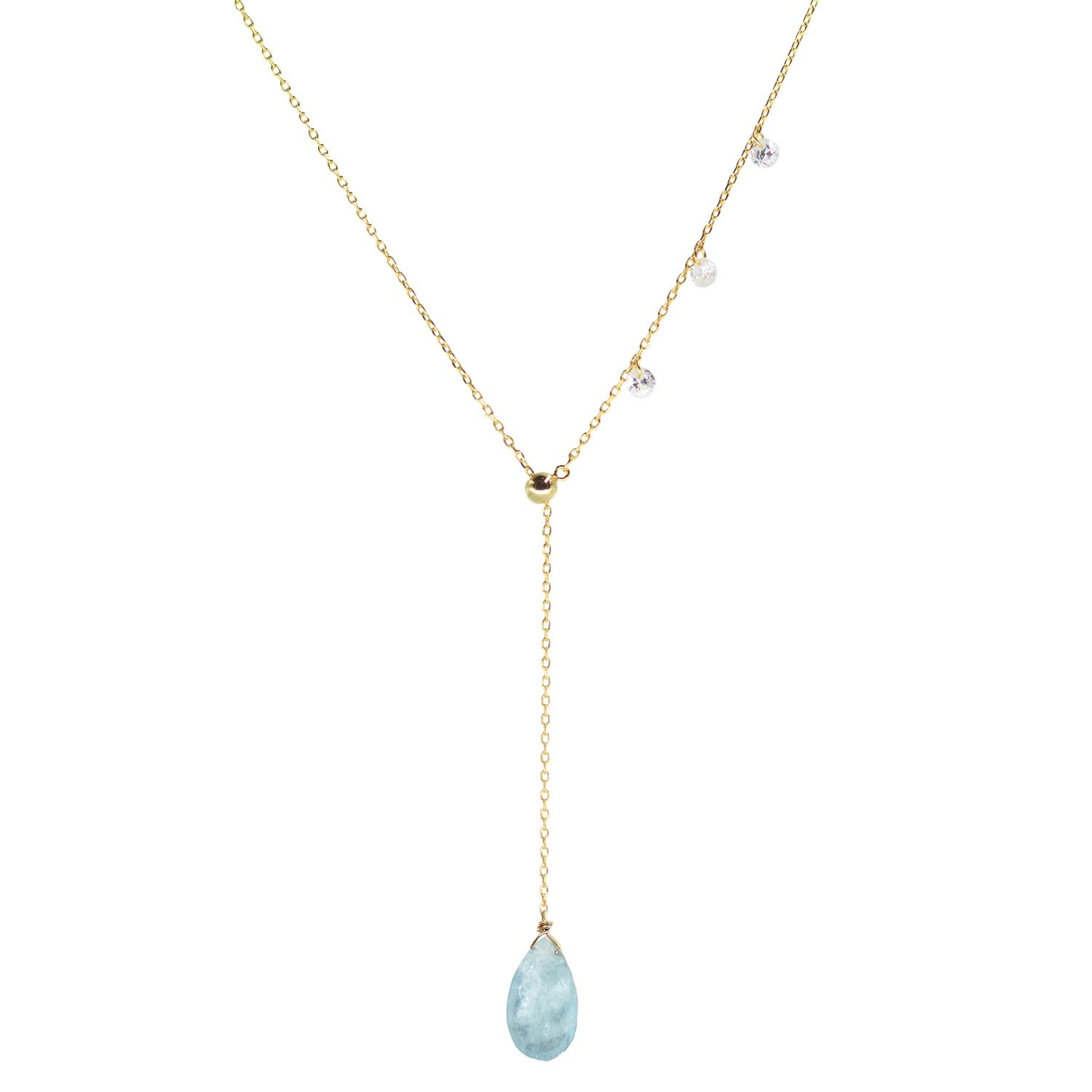 double slider lariat with aquamarine briolette drop