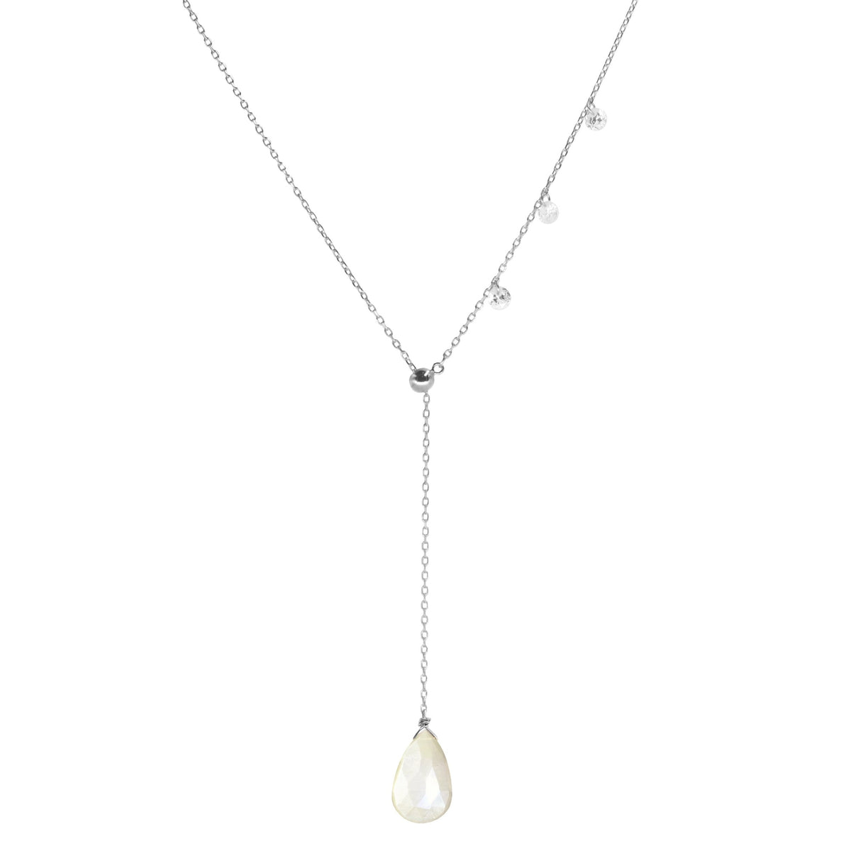 double slider lariat necklace with mystic champagne moonstone drop silver