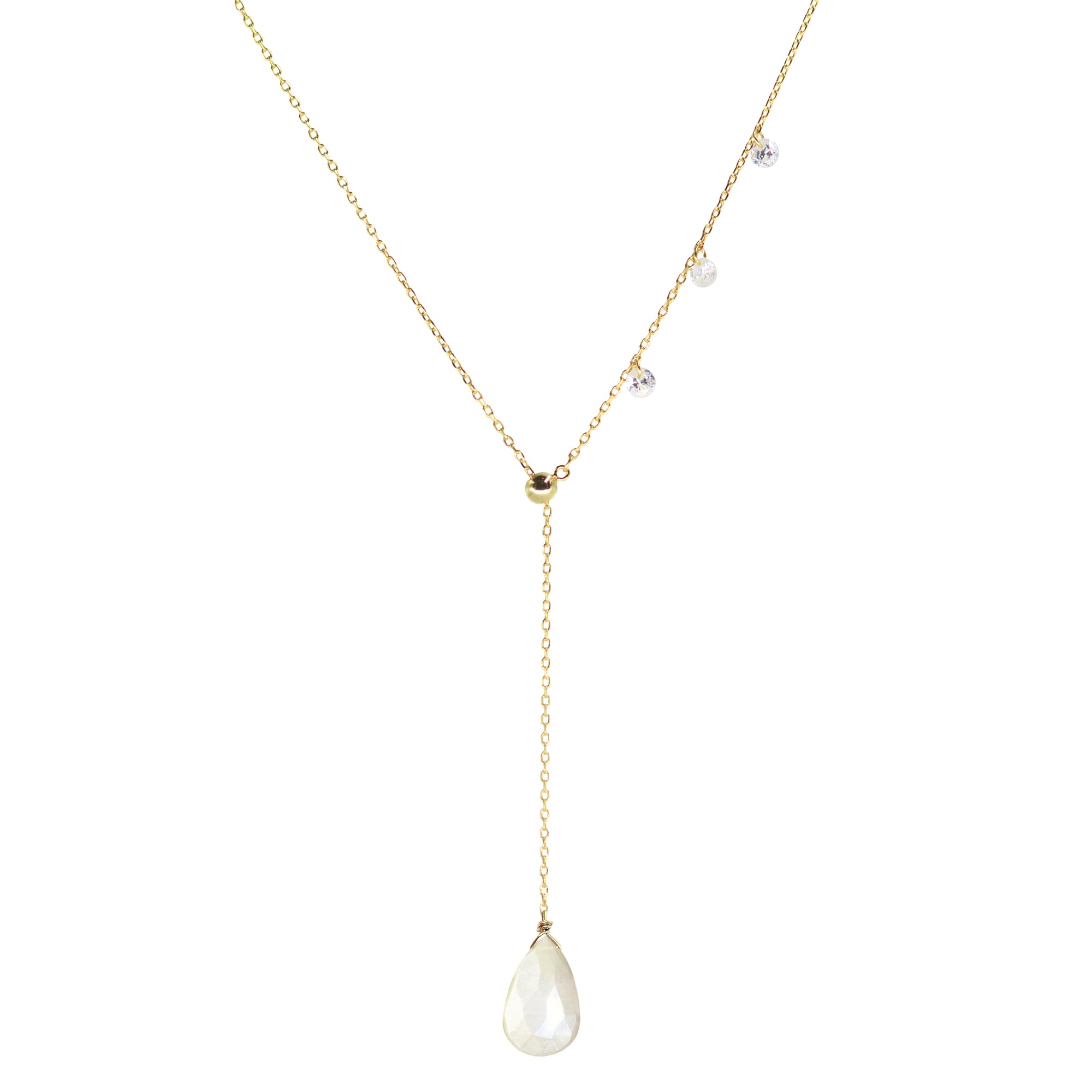double slider lariat necklace with mystic champagne moonstone drop