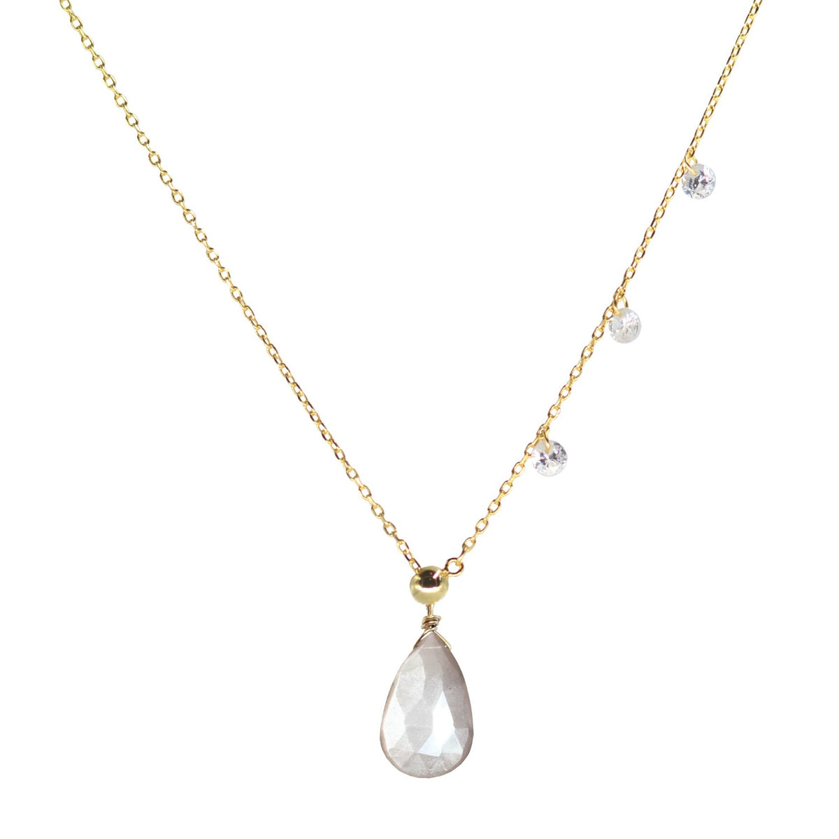 double slider lariat necklace with mystic grey moonstone drop pendant