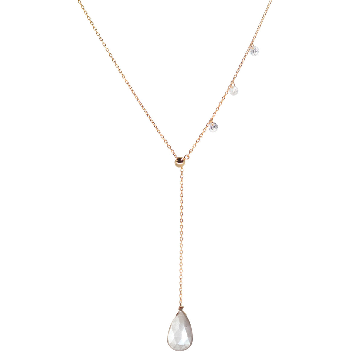 double slider lariat necklace with mystic grey moonstone drop rose gold
