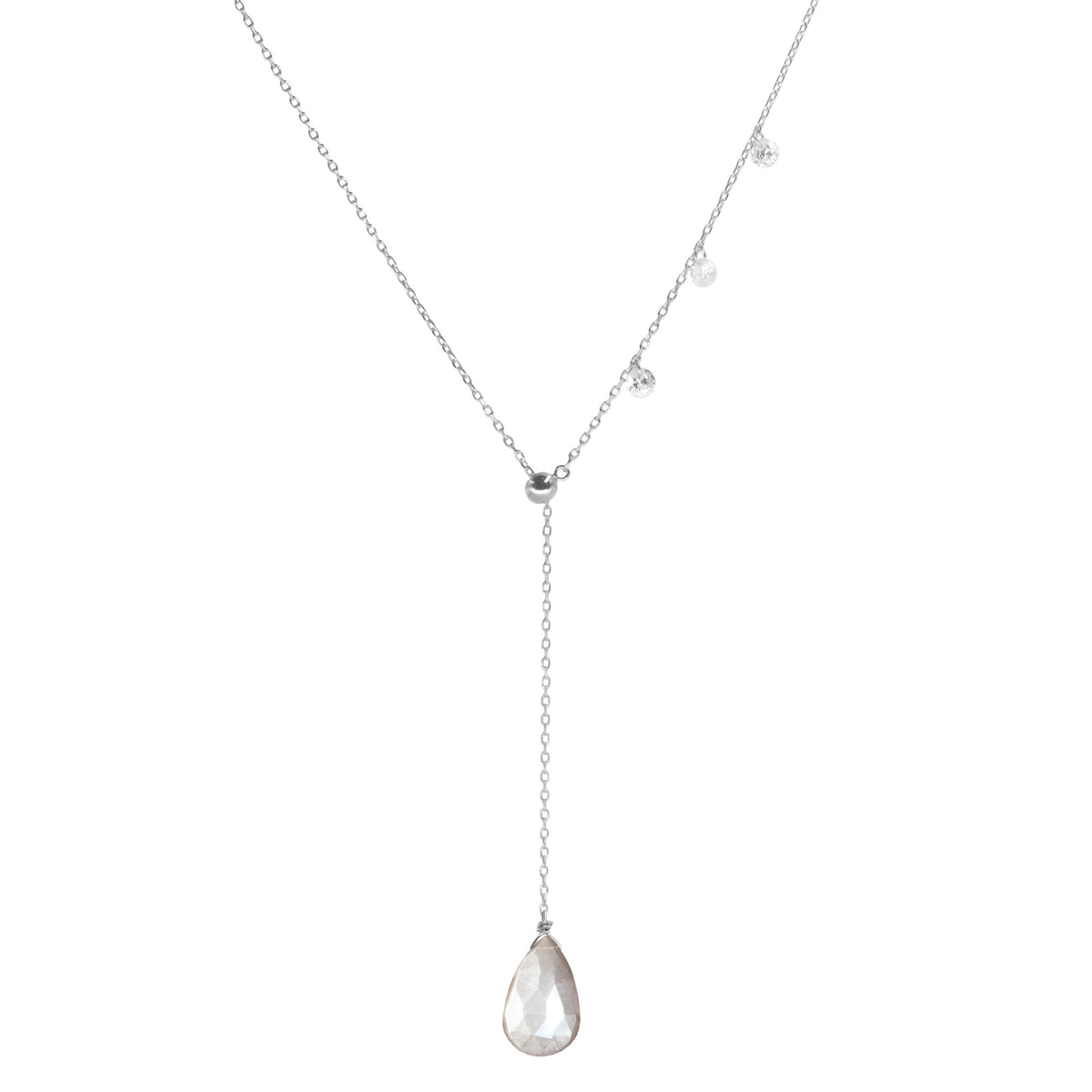 double slider lariat necklace with mystic grey moonstone drop silver