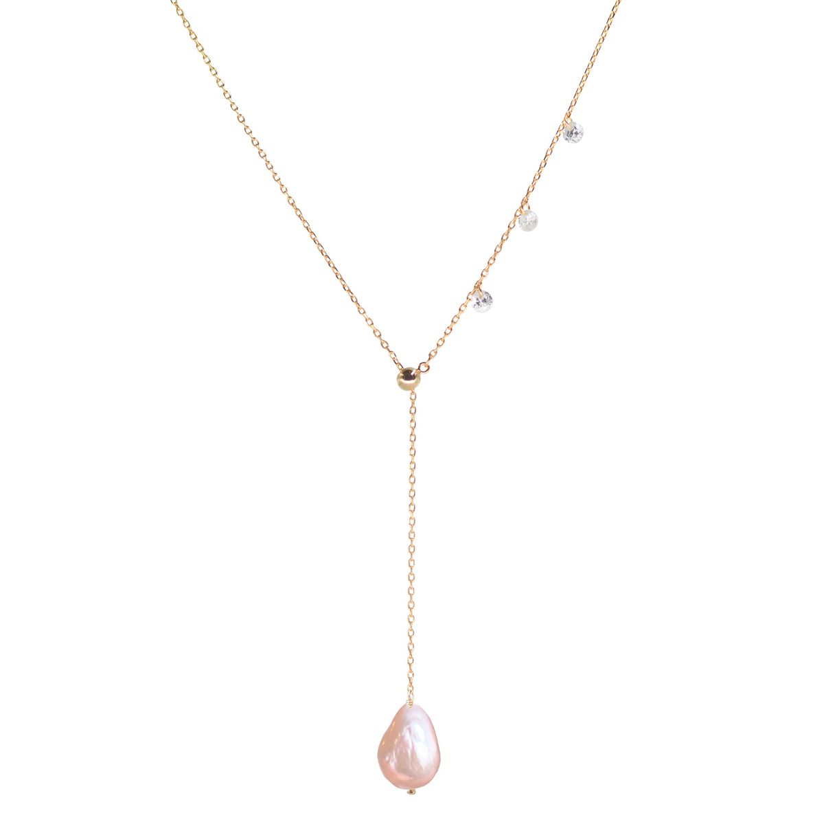 double slider lariat necklace pink pearl rose gold
