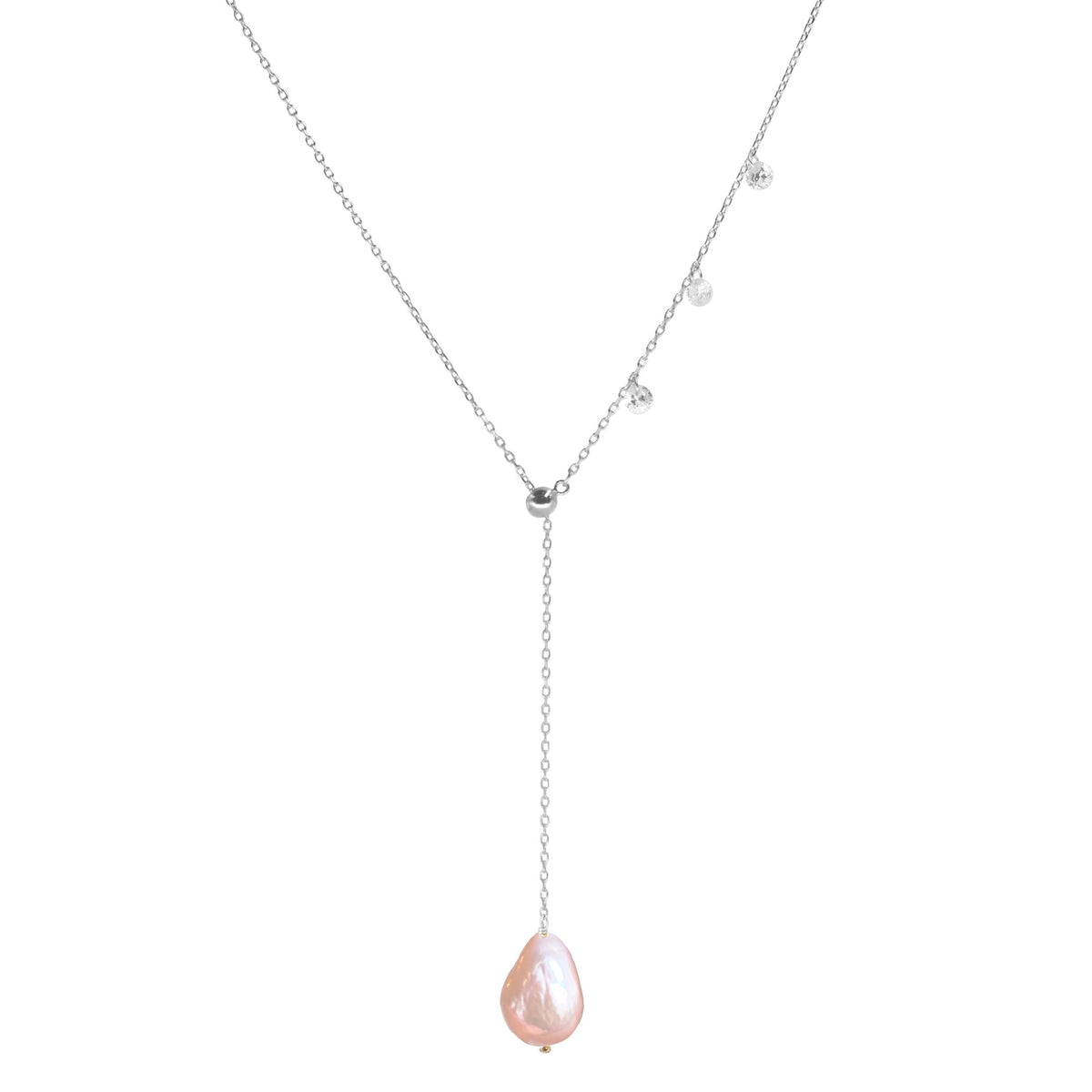 double slider lariat necklace pink pearl silver