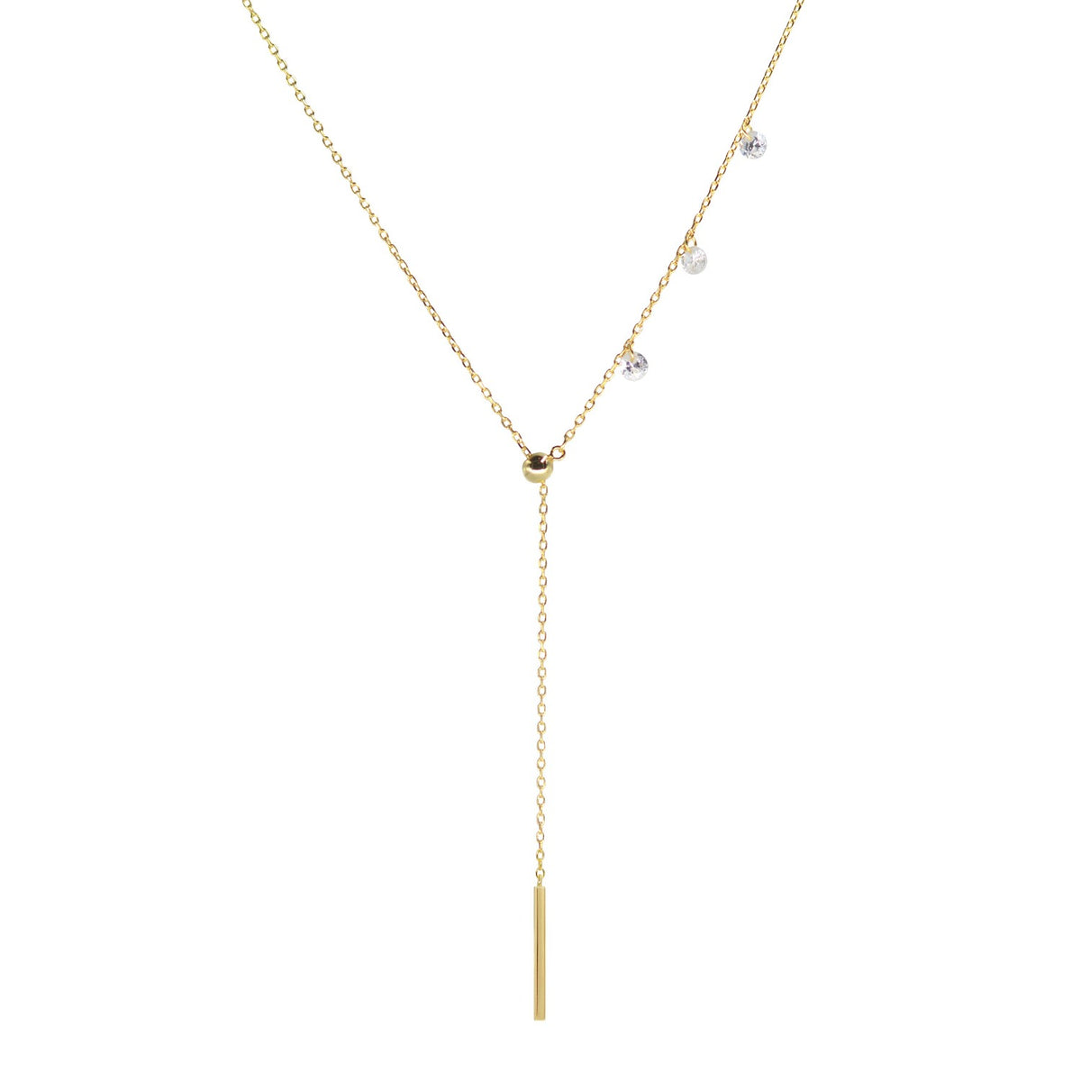 Double slider lariat necklace with mini bar in yellow gold