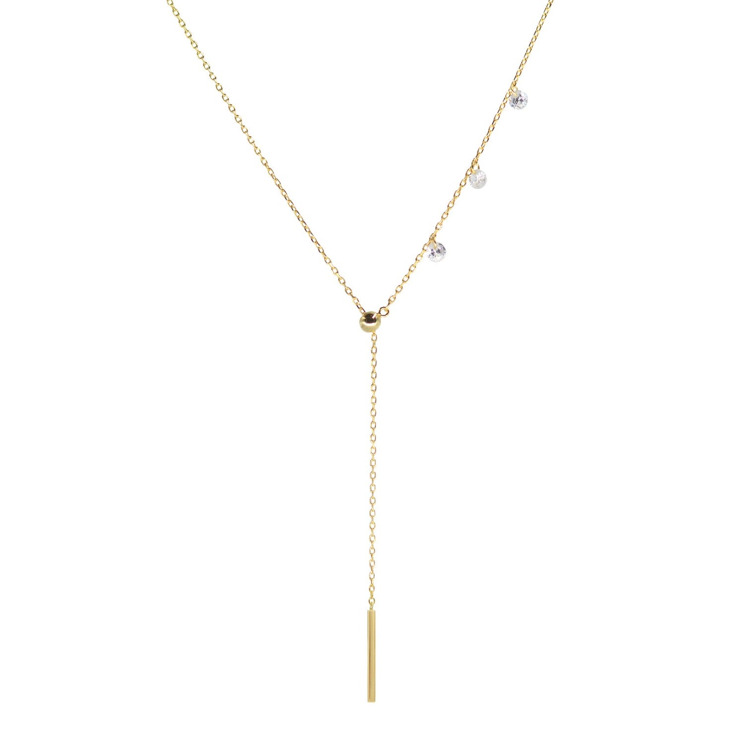 Double slider lariat necklace with mini bar in yellow gold