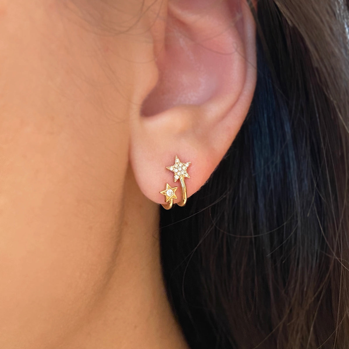 Double Star Diamond Huggie Earrings in 14k Gold Lifestyle