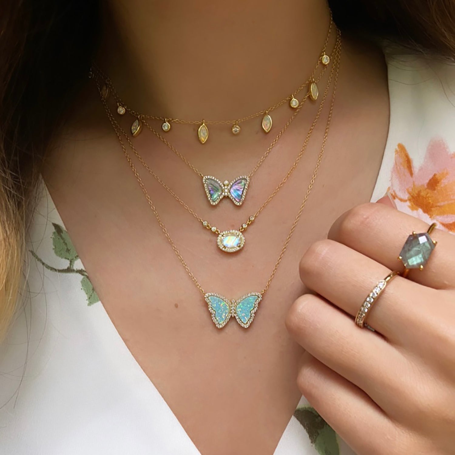 Opal Butterfly Necklace With Crystals in White Opal Gold