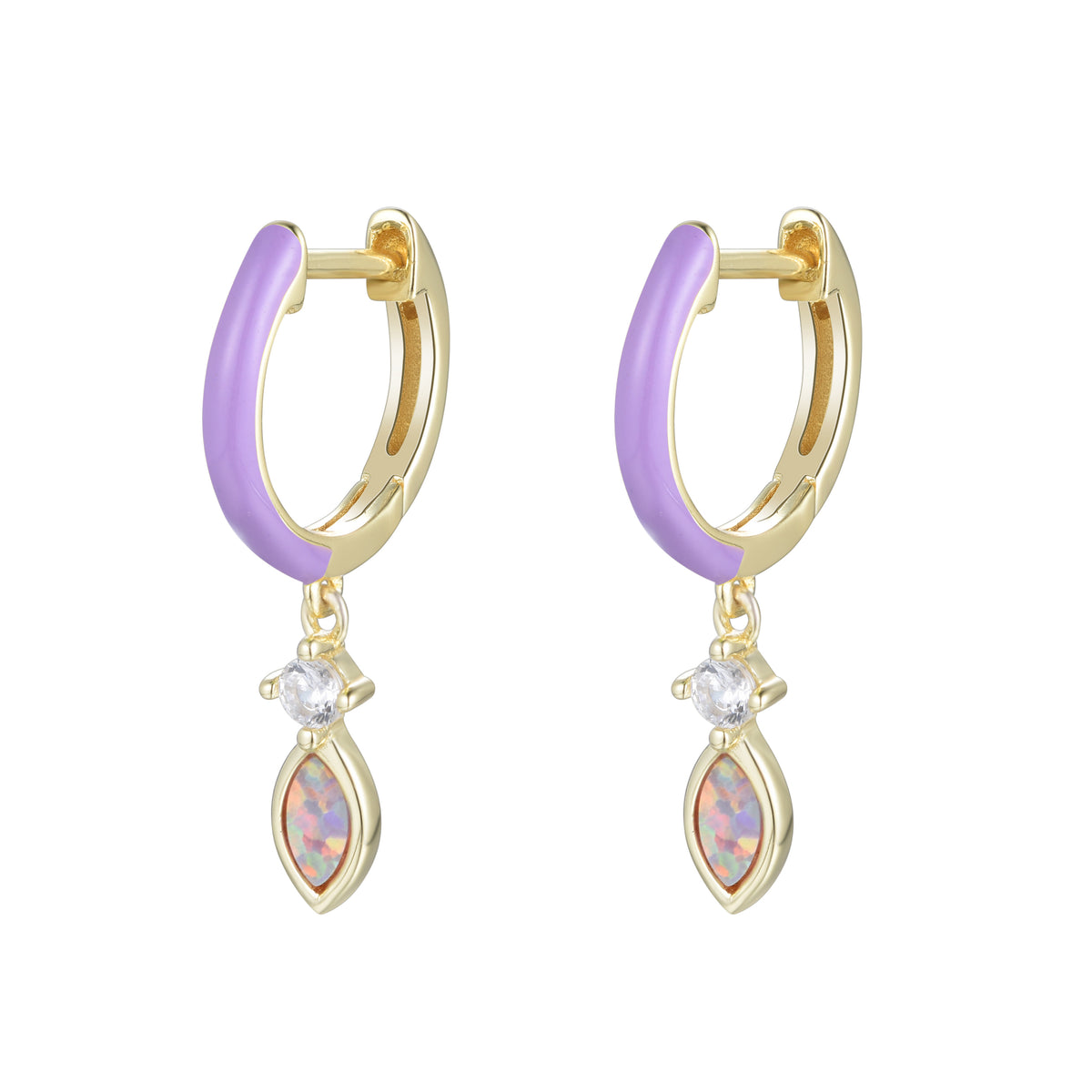 enamel opal huggie earrings lavender opal gold