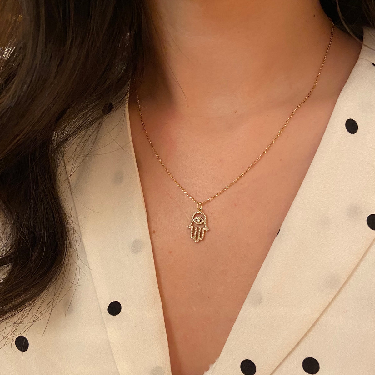 Evil Eye Hamsa Hand Necklace With Diamonds in 14K Gold