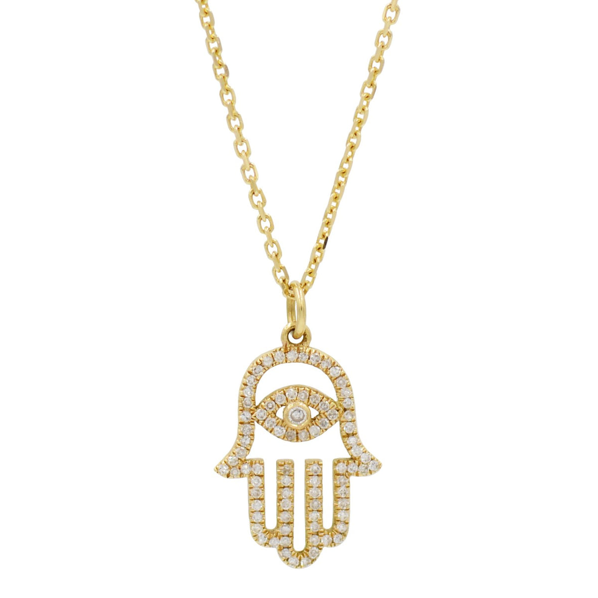 Evil Eye Hamsa Hand Necklace With Diamonds in 14K Gold