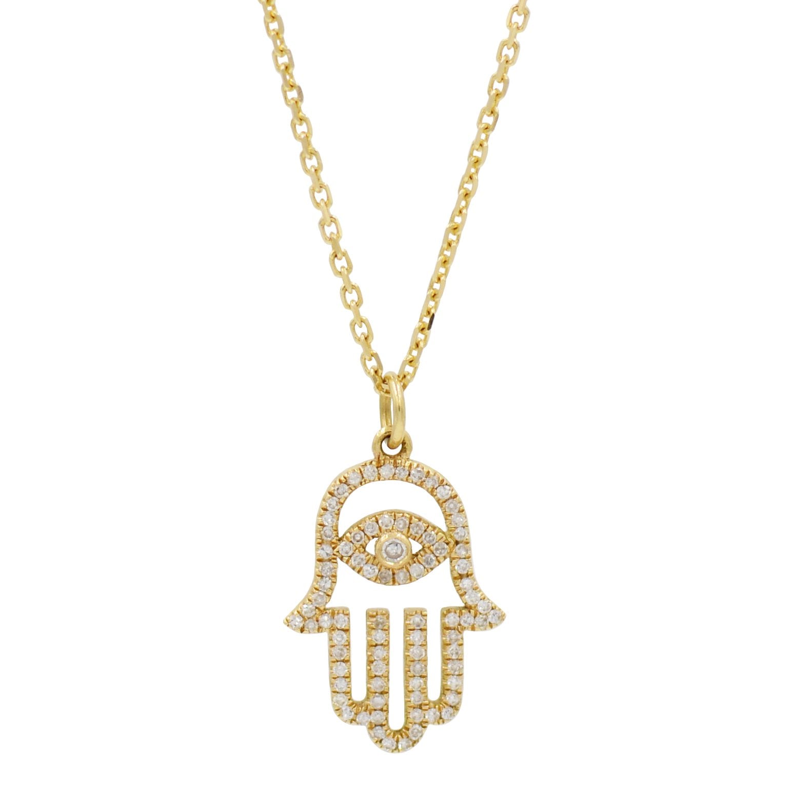 Evil Eye Hamsa Hand Necklace With Diamonds in 14K Gold