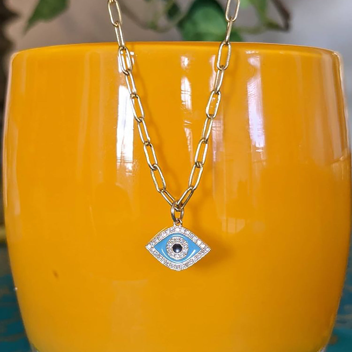 Evil Eye Necklace With Blue Enamel and Diamonds Lifestyle