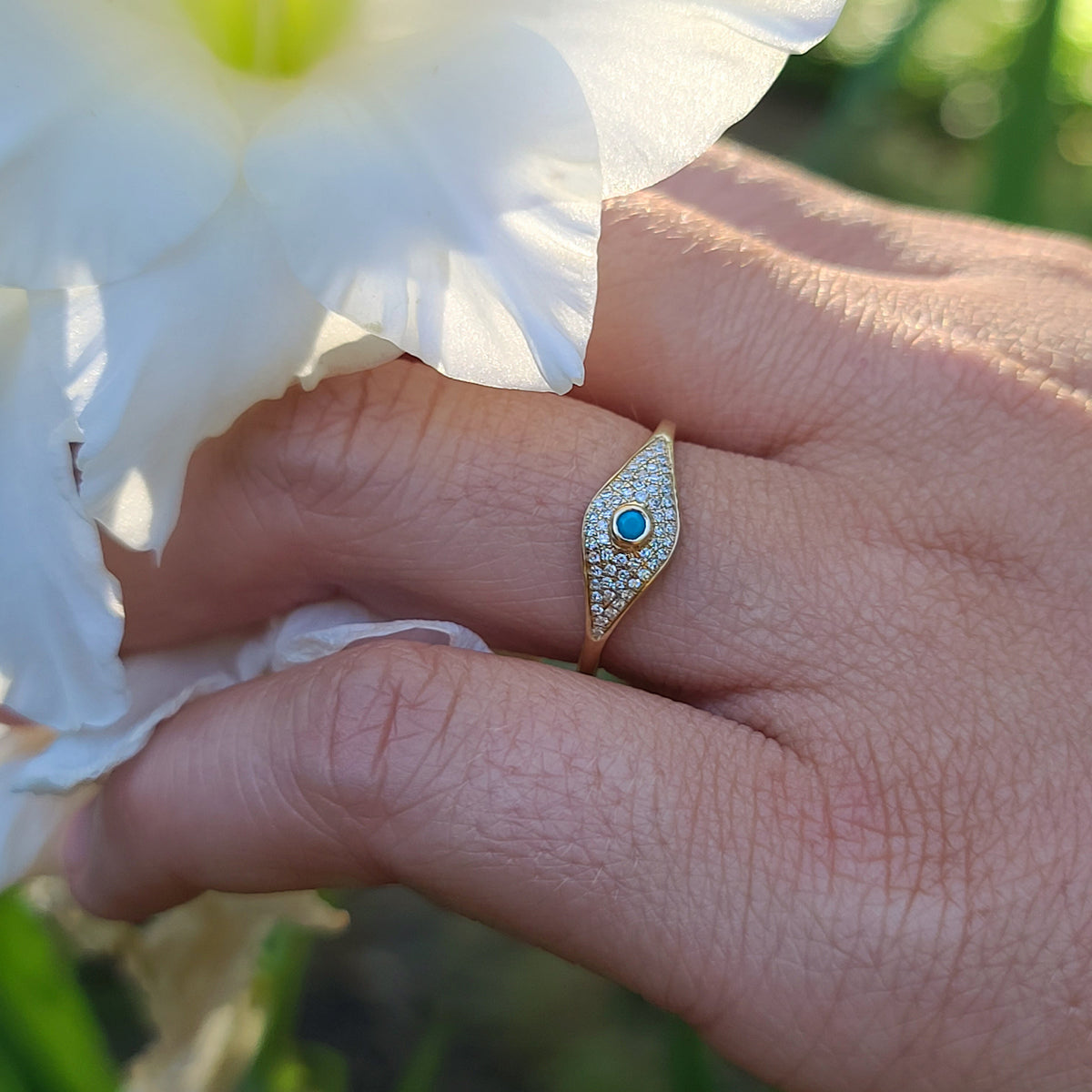Evil Eye Ring With Turquoise and Diamonds in 14k Gold Lifestyle