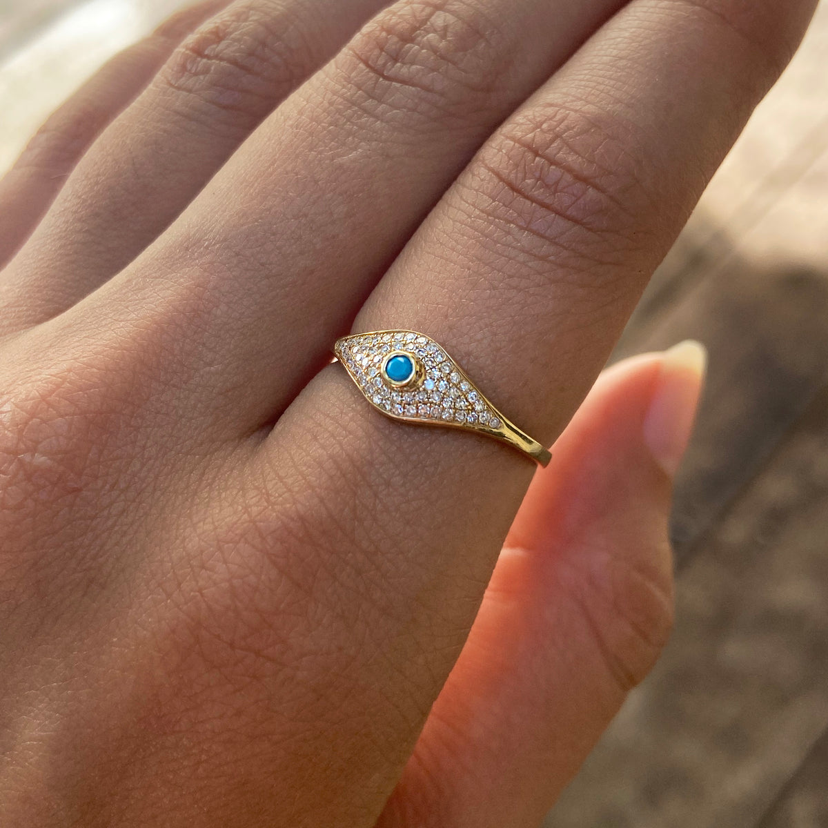 Evil Eye Ring With Turquoise and Diamonds in 14k Gold Lifestyle