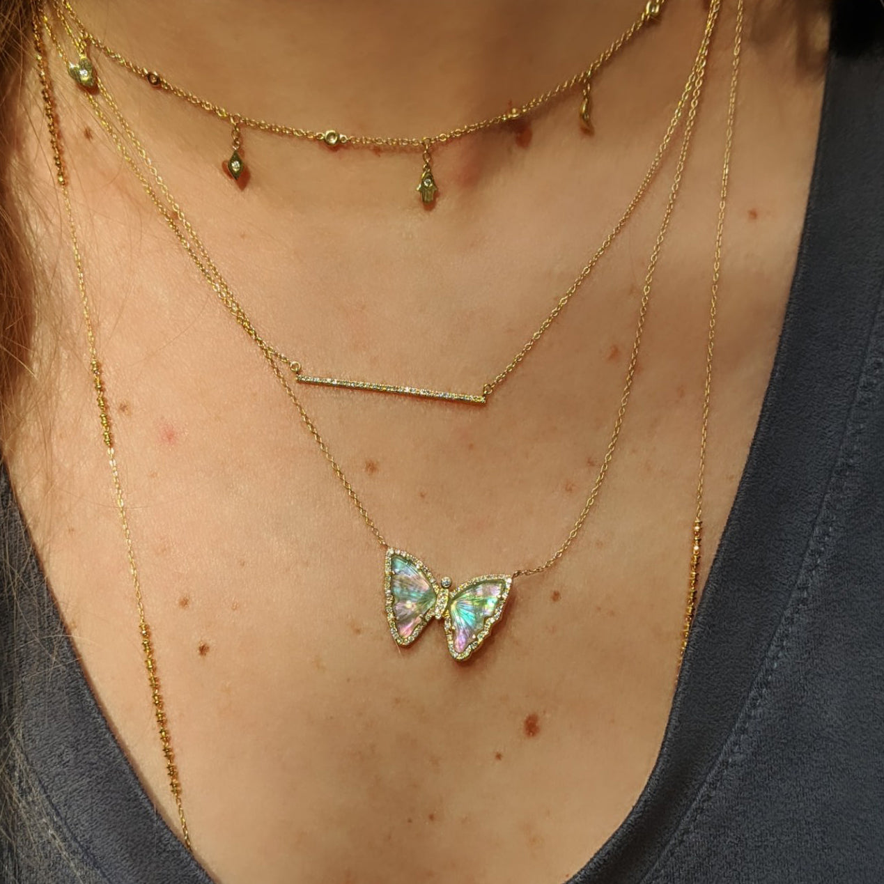 Fairy Tourmaline Butterfly Necklace With Pearl and Diamonds in 14k Gold