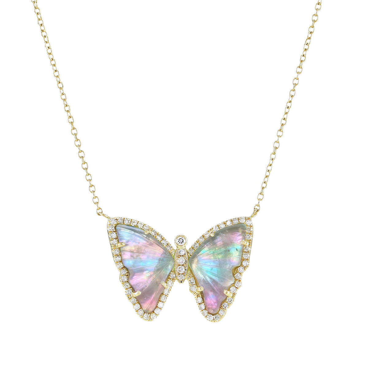 Fairy Tourmaline Butterfly Necklace With Pearl and Diamonds in 14k Gold