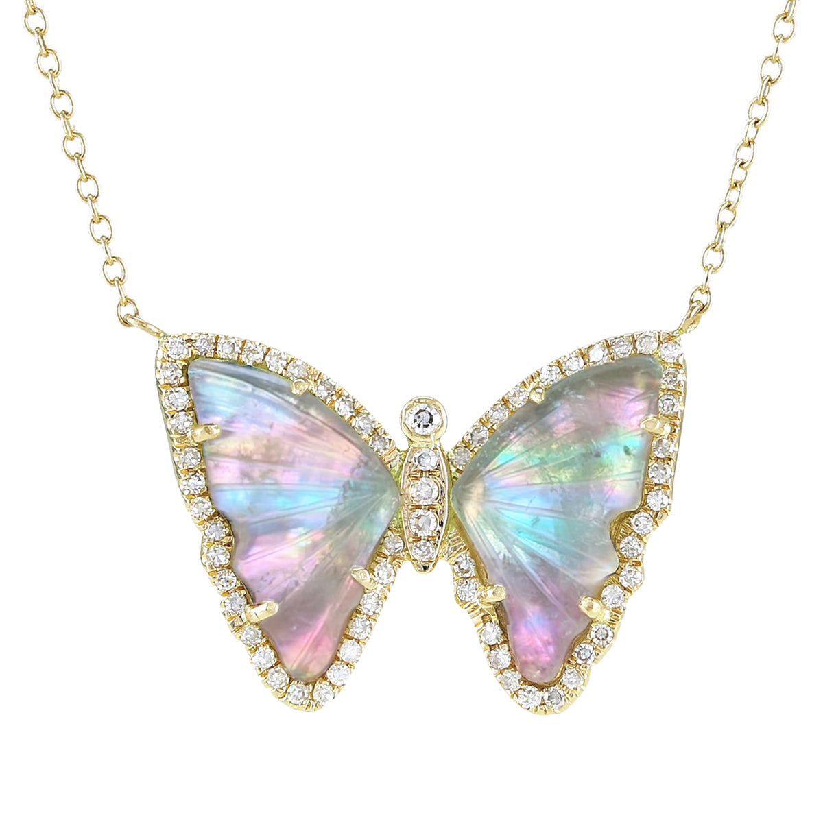Fairy Tourmaline Butterfly Necklace With Pearl and Diamonds in 14k Gold
