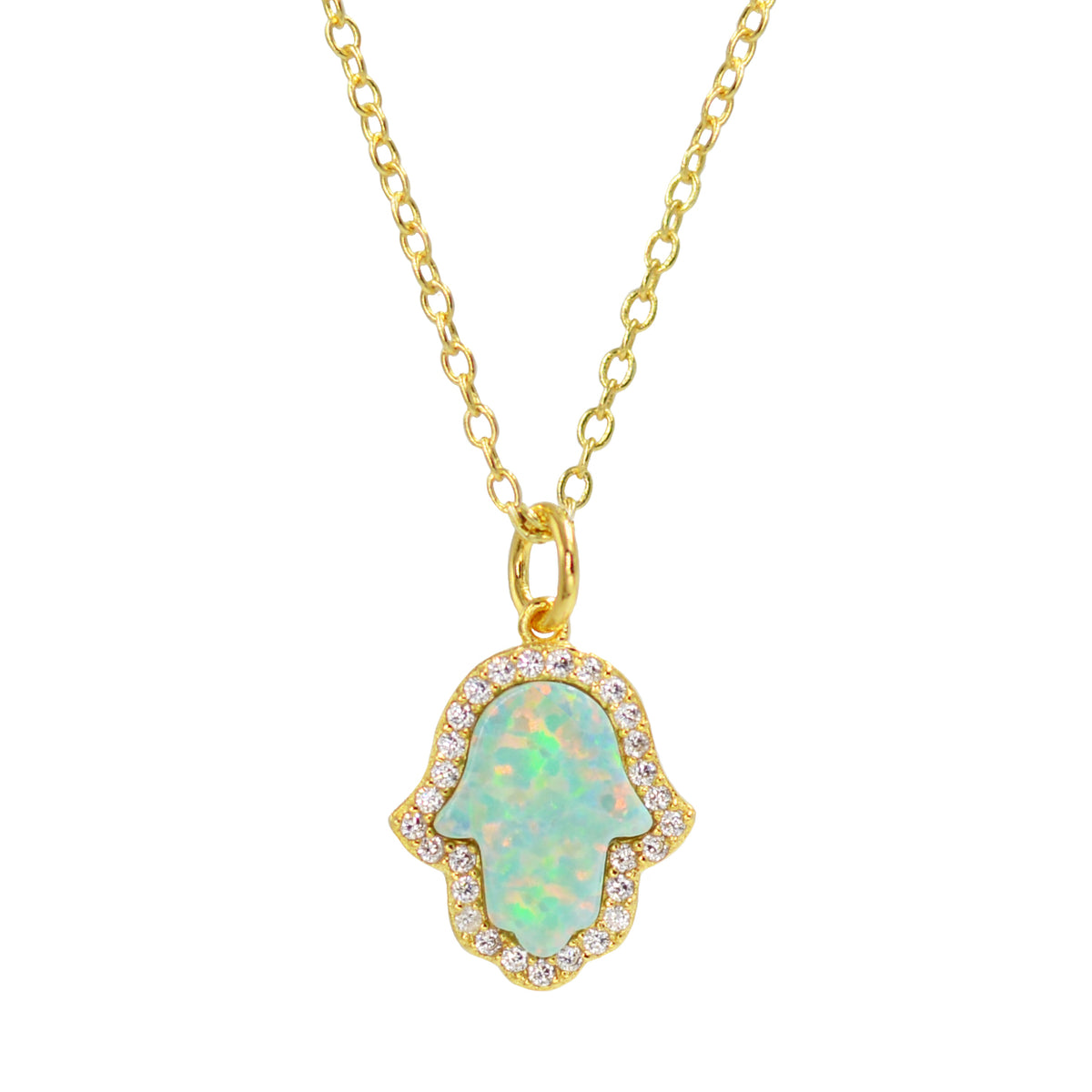 Hamsa Hand Green Opal Necklace in Gold