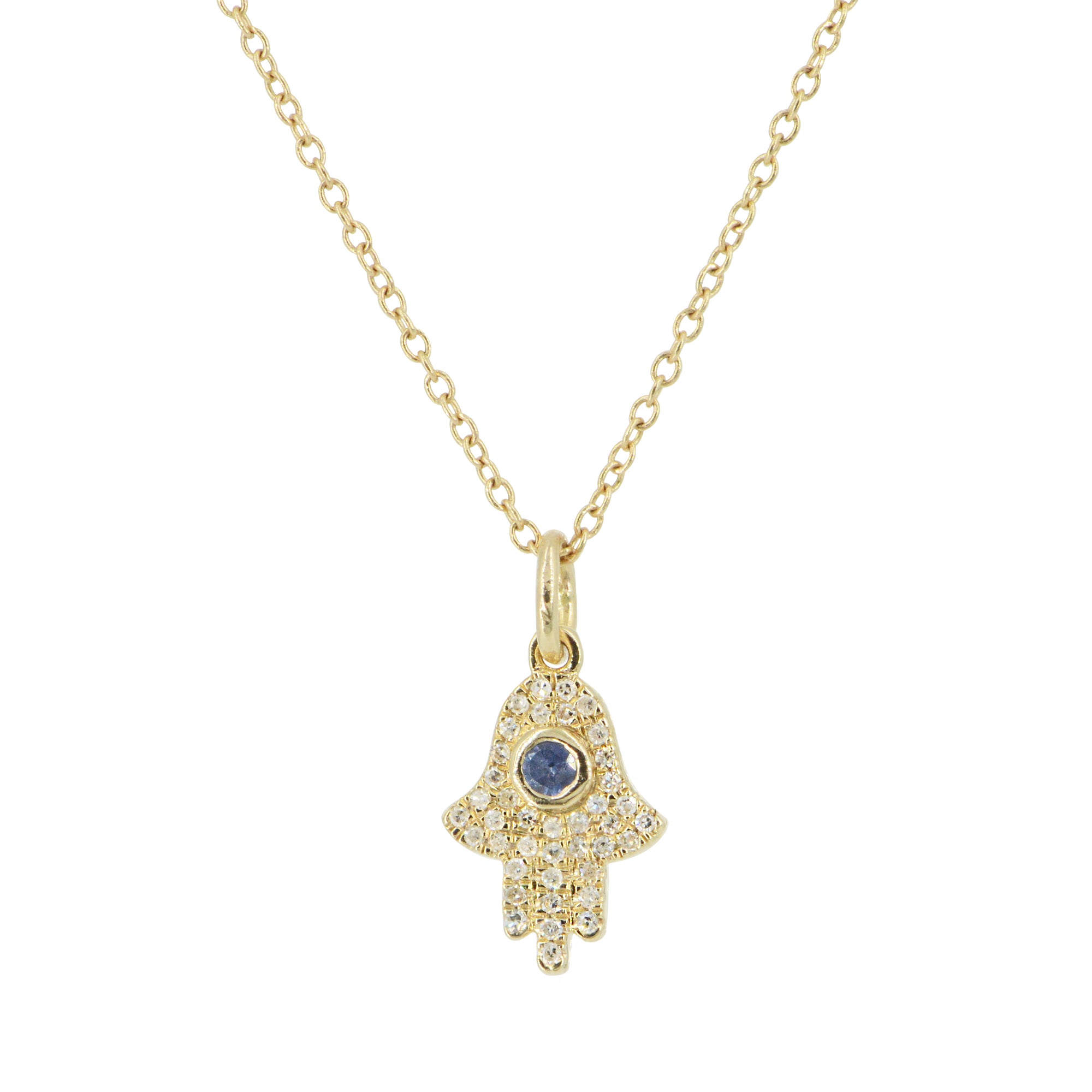 Hamsa Hand Necklace With Blue Sapphire and Diamonds - Mini