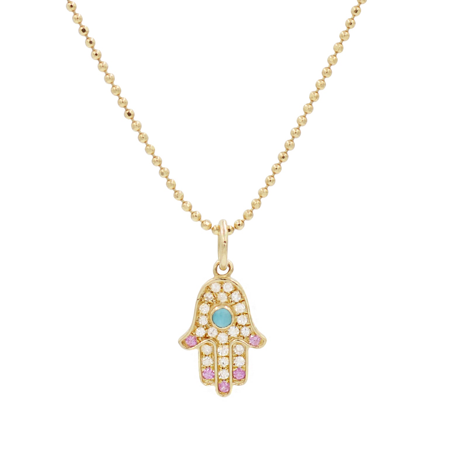 Hamsa Hand Necklace With Pink Sapphire, Turquoise and Diamonds