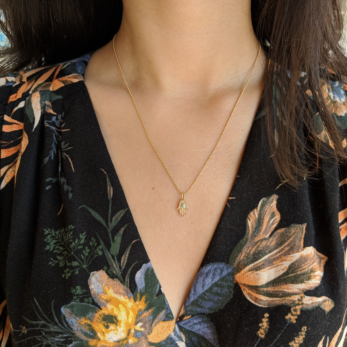 Hamsa Hand Necklace With Pink Sapphire Turquoise and Diamonds Model