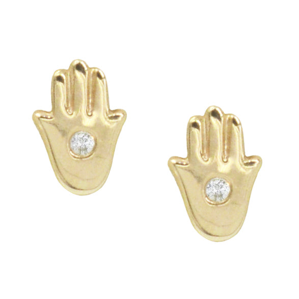hamsa hand stud earrings in yellow gold with diamonds