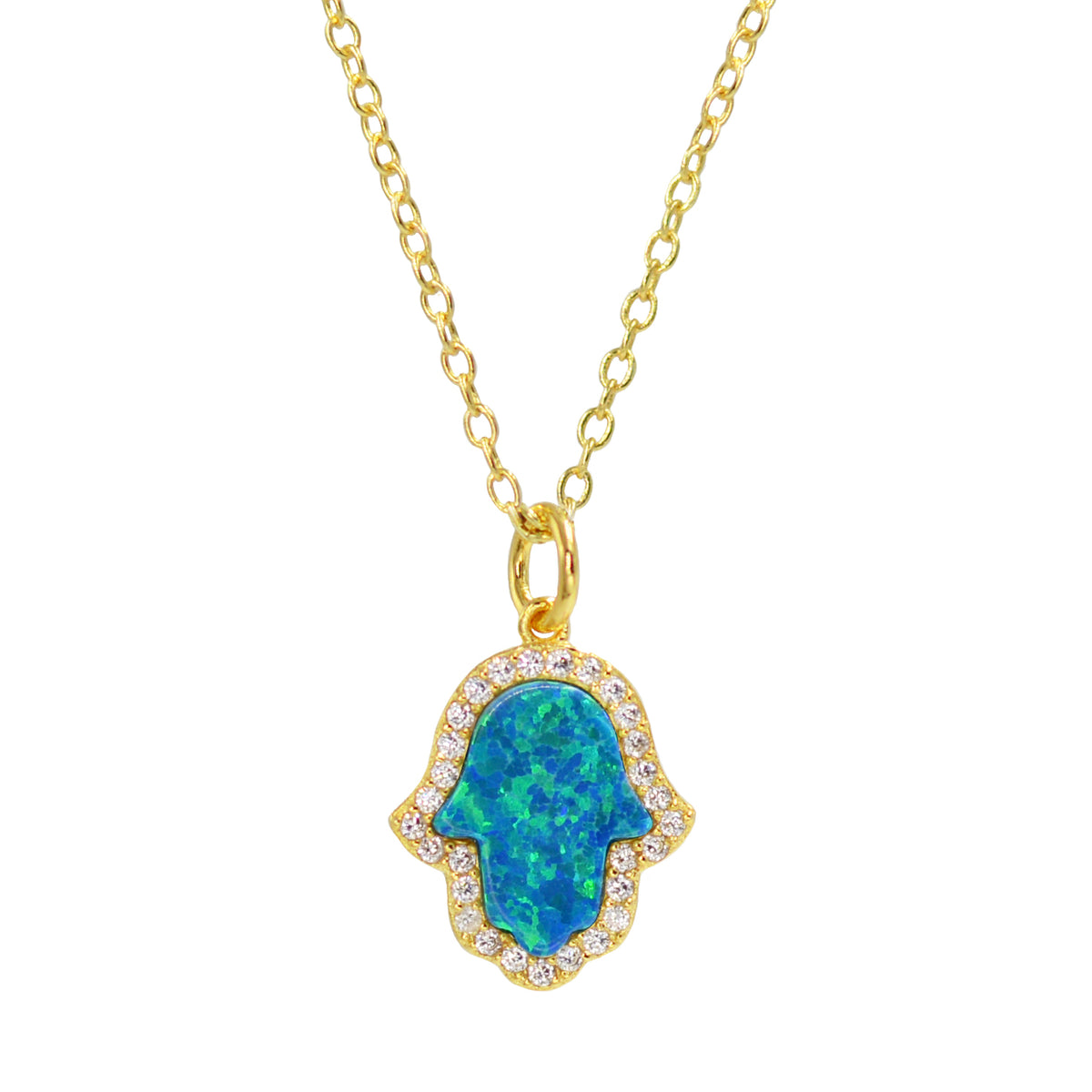 Hamsa Hand Blue Green Opal Necklace in Gold