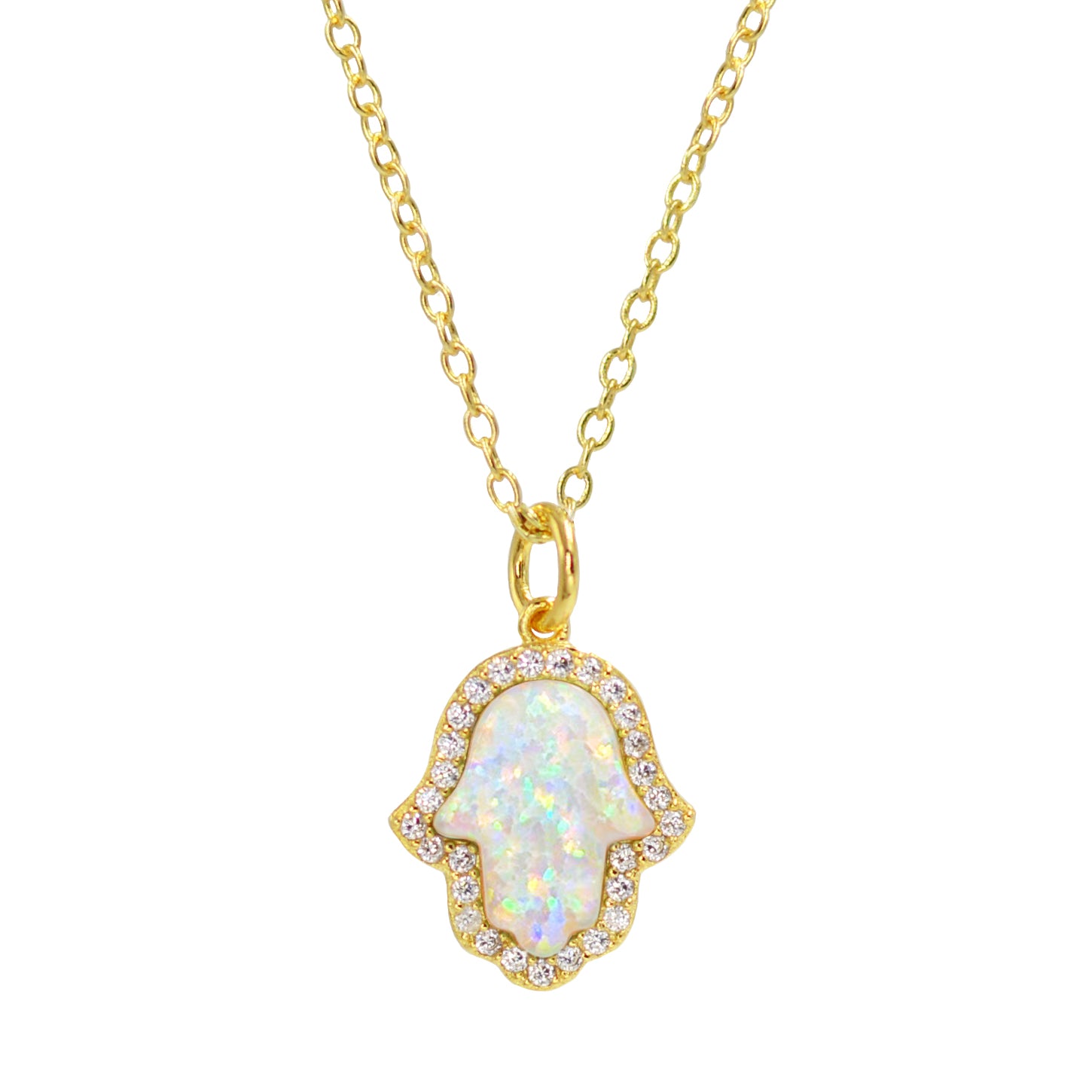 Hamsa Hand White Opal Necklace in Gold